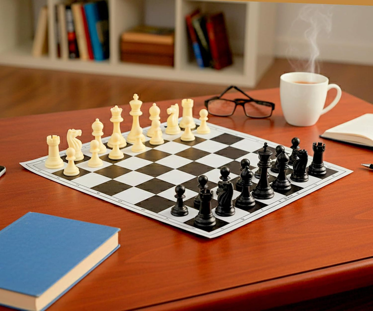 StonKraft Tournament Chess Vinyl Foldable Board 18.2 Inch with Solid Plastic Pieces and Two Extra Queens