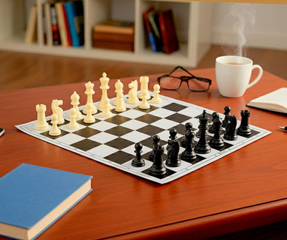 StonKraft Tournament Chess Vinyl Foldable Board 18.2 Inch with Solid Plastic Pieces and Two Extra Queens