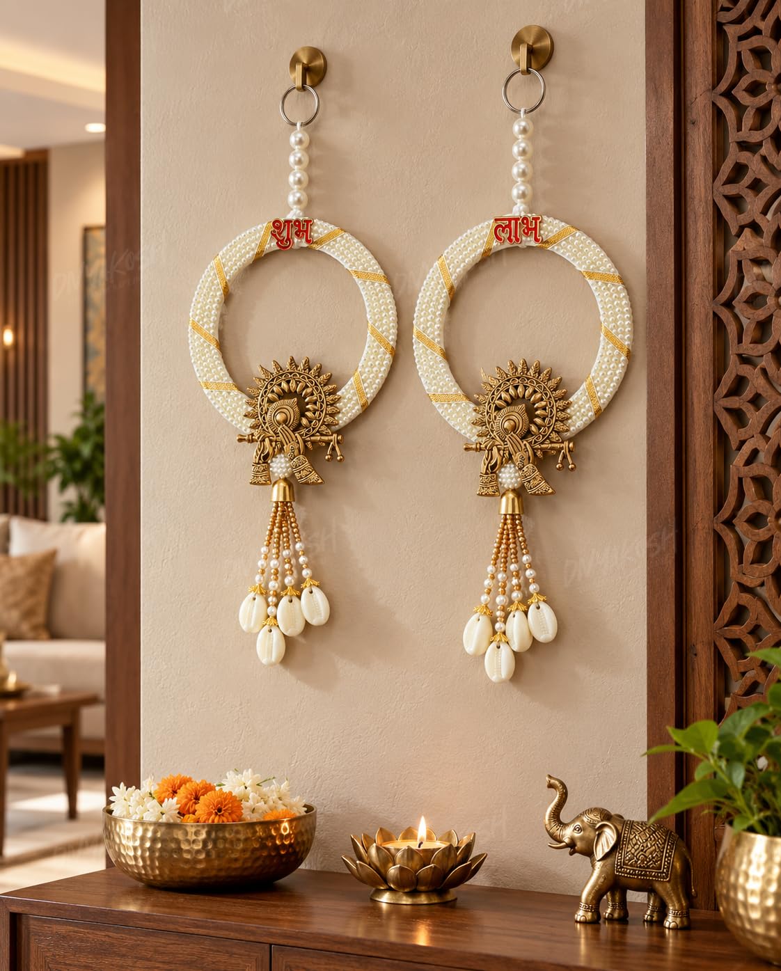Divyakosh Shubh Labh Krishna Pearl Ring Wall Door Hanging Pair