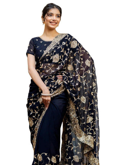 Vasthrlay Georgette Embroidery Navy Blue Saree With Unstitched Blouse Piece