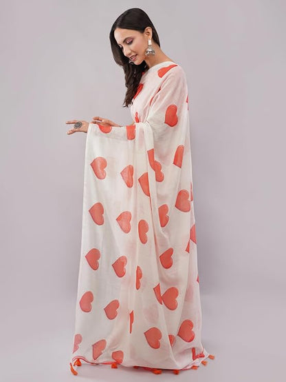 Vasthrlay White Printed Linen Saree With Unstitched blouse piece