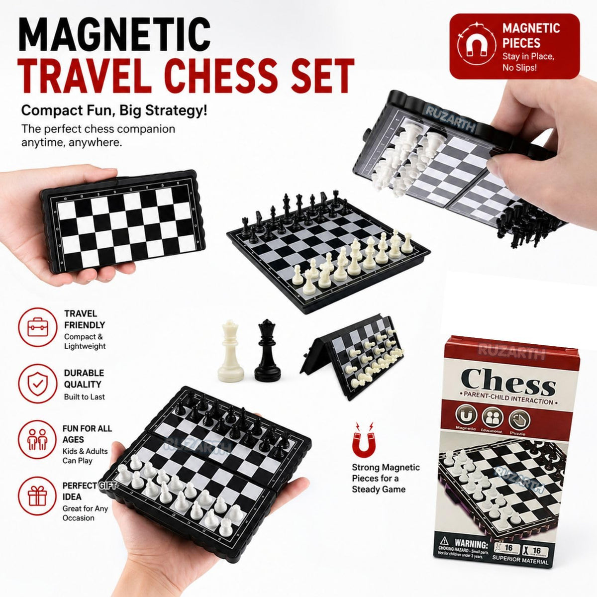 Ruzarth Mini Magnetic Folding Travel Chess Set with Storage Case