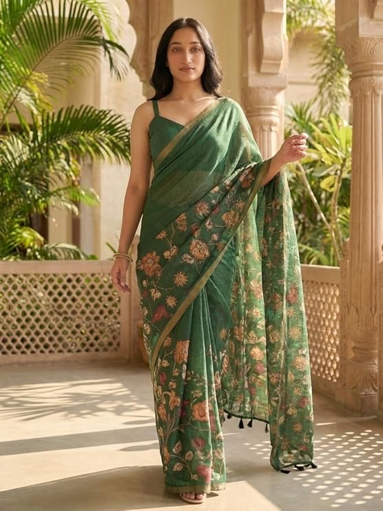 Vasthrlay Green Floral Linen Saree With Solid Black Unstitched Blouse