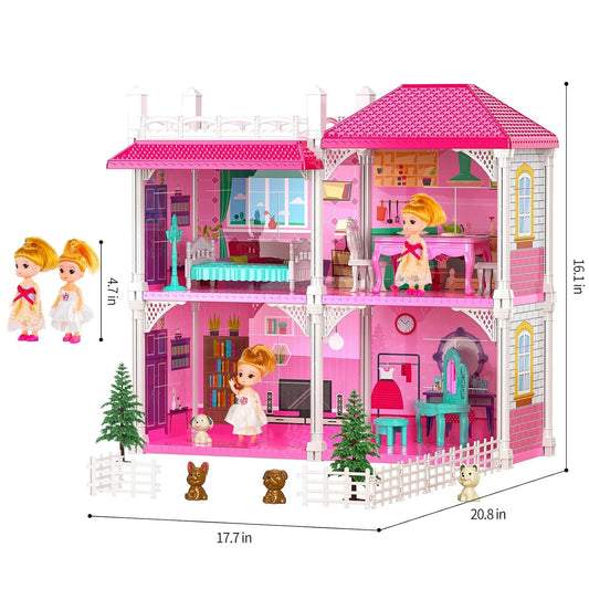 Dungrani Enterprise Princess Doll House 2 Story 4 Rooms with Furniture Kitchen Set and Dolls Classic Edition