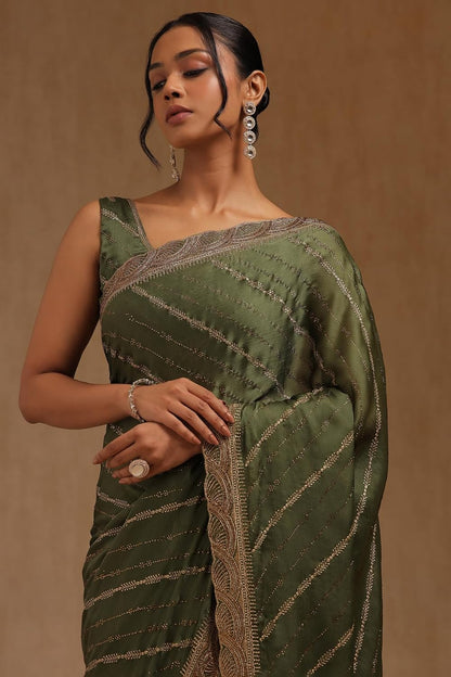 Vasthrlay Olive Traditional Saree with elegant Chiffon styling