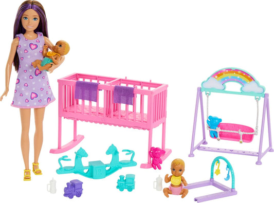 Barbie Skipper Doll and Nursery Playset with Twin Baby Dolls Crib Swing and See Saw