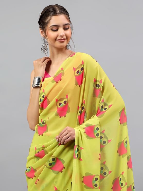 Vasthrlay Womens Green Floral, Solid, Striped Design Georgette Saree With Unstitched Blouse Piece
