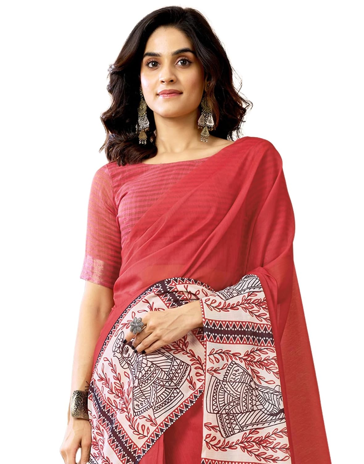 Vasthrlay Chanderi Printed Red Saree With Unstitched Blouse Piece