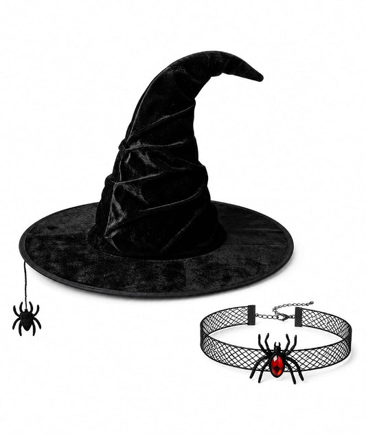 VayuSrot Velvet Witch Hat with Spider Choker 2 Piece Halloween Costume Set
