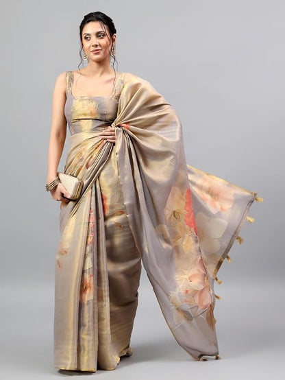 Vasthrlay Womens Grey Floral & Solid Design Polyester Saree With Unstitched Blouse Piece