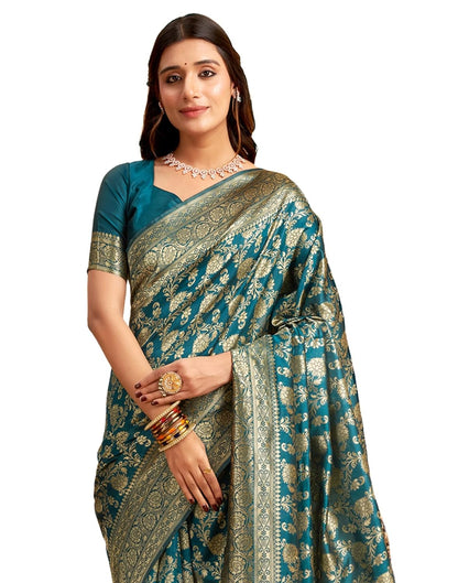 Vasthrlay Womens Banarasi Rama Blue Saree With Unstitched Blouse Piece