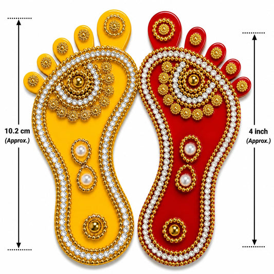 PATWA TRADERS Kundan Work Laxmi Charan Paduka Sticker Yellow and Red Pair