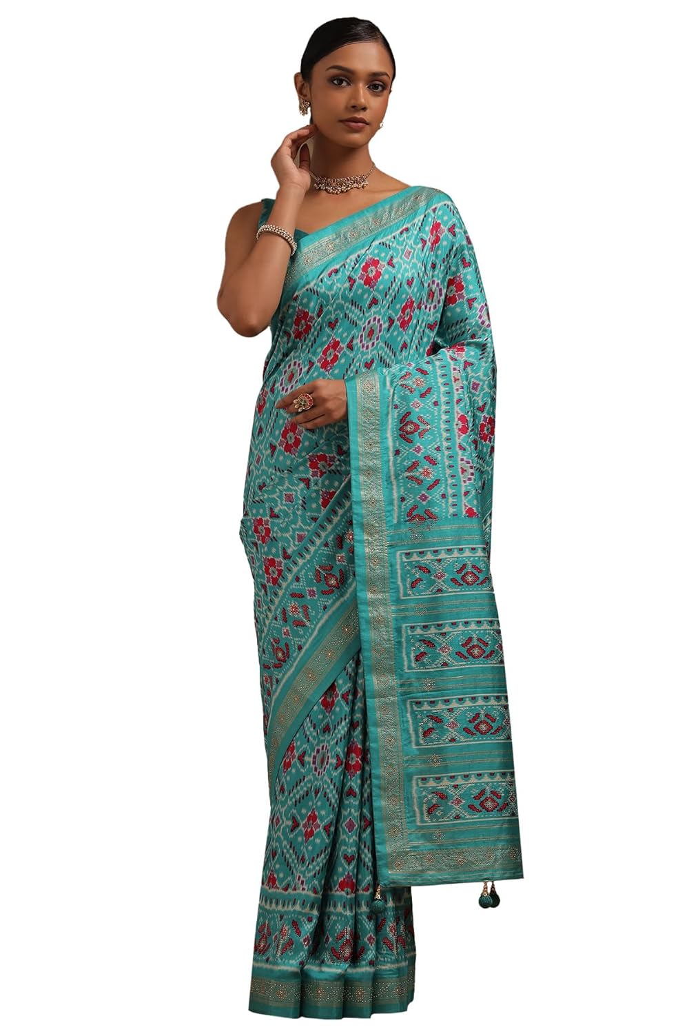 Vasthrlay Turquoise Ethnic Print Saree for festive ethnic occasions