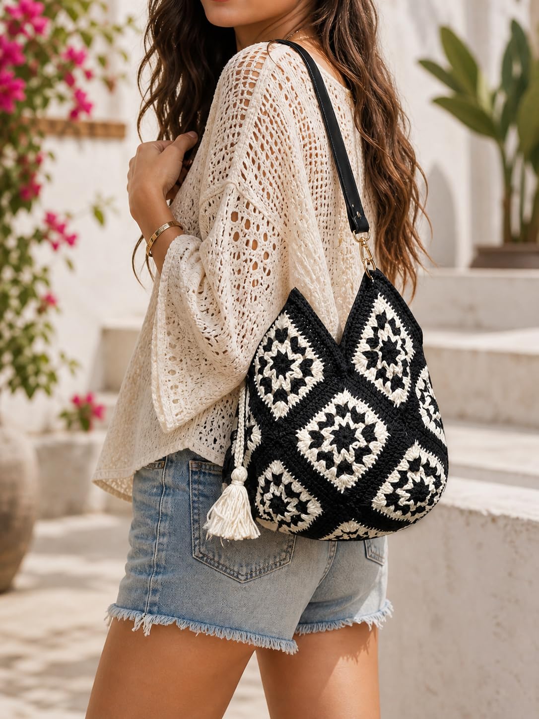 Black & White Crochet Tote Bag - image 2