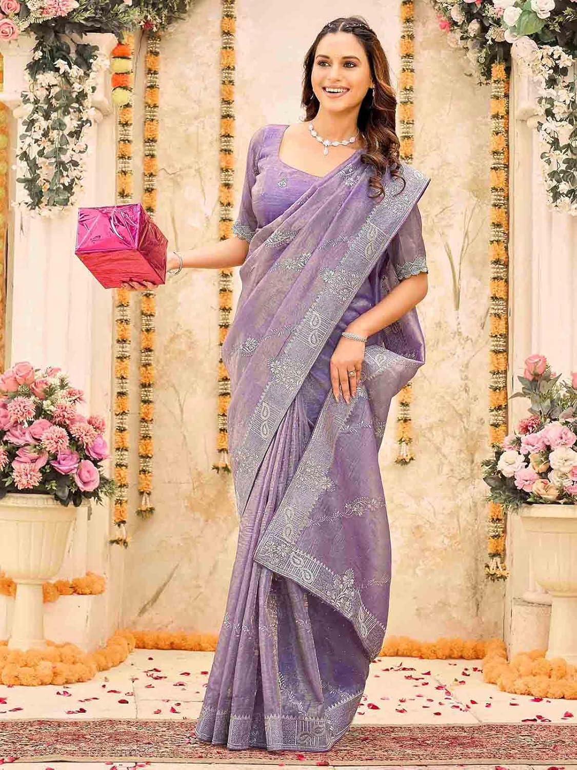 Vasthrlay Pink Embroidery Saree with elegant ethnic styling