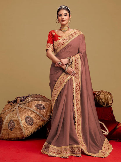 Vasthrlay Red saree with Embroidery styling and ethnic look