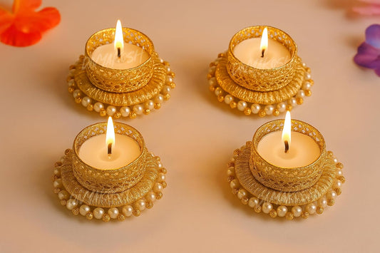 Divyakosh Metal Tealight Candle Holder Set of 4 Gold