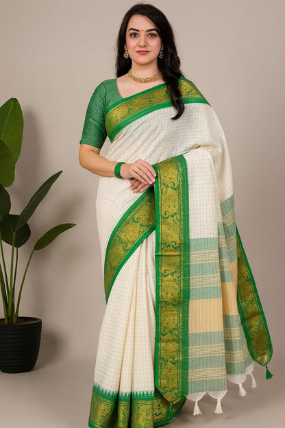 Vasthrlay Off White Traditional Saree with elegant Kanjivaram styling