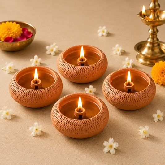 Farmikart Handmade Textured Niranjan Terracotta Diya Set of 4