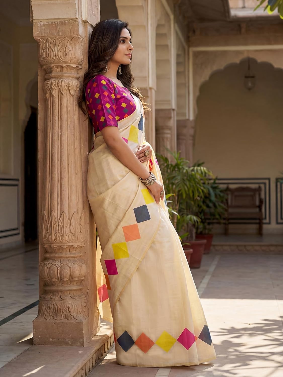 Vasthrlay Beige Printed Saree with elegant ethnic styling