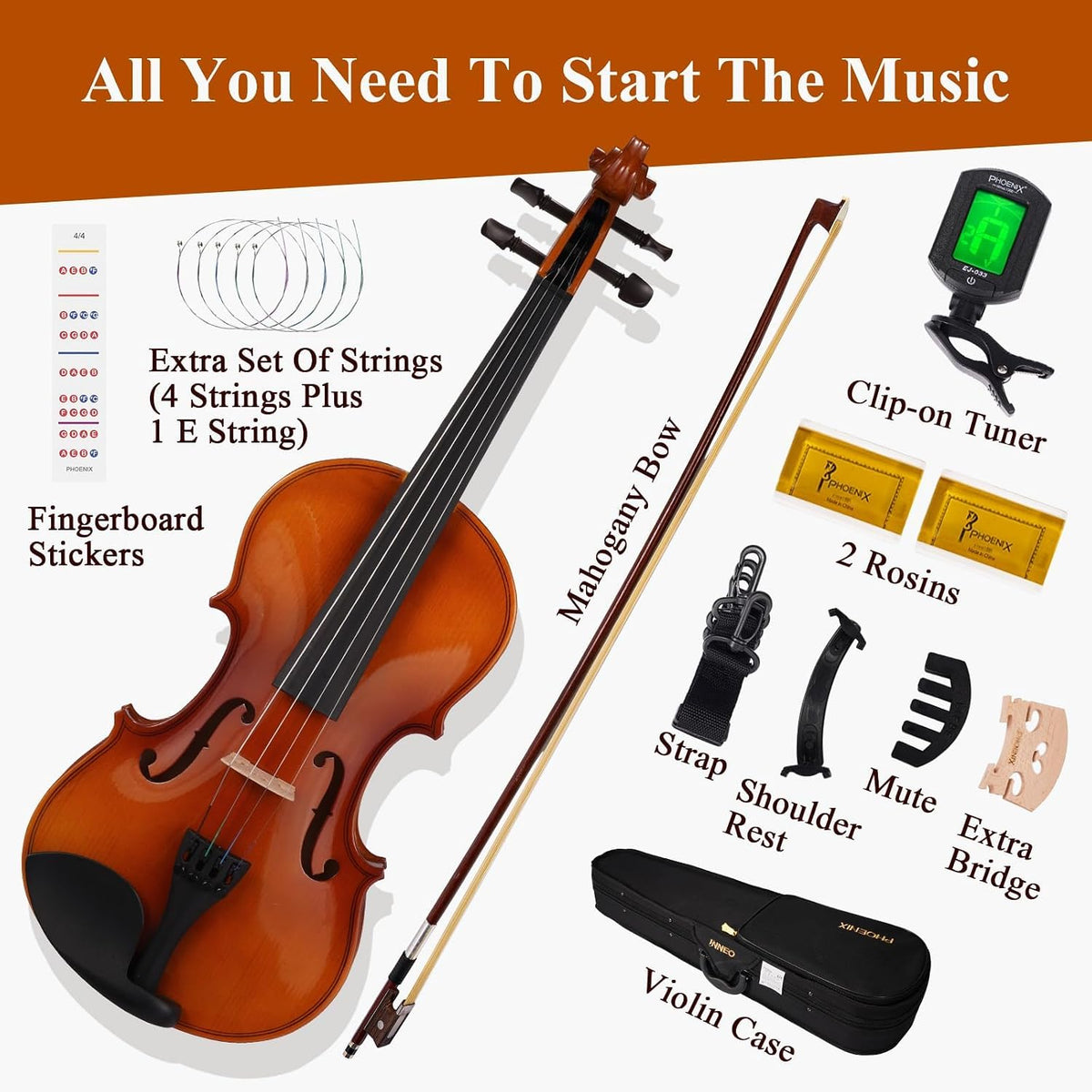 PHOENIX Violin Kit for Beginners with Rosewood Bow Case Tuner and Shoulder Rest