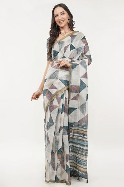 Vasthrlay Womens Off White4 Botanical Printed Linen Saree With Self Woven Border And Unstitched Blouse Piece