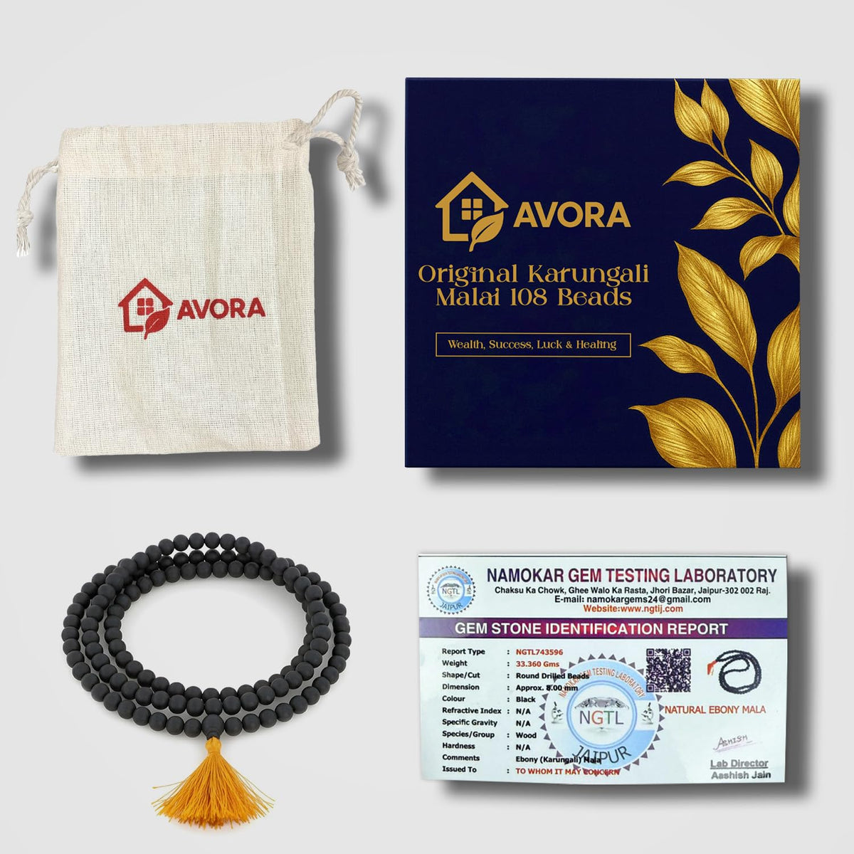 AVORA Karungali Malai 108 Beads Natural Ebony Wood Mala