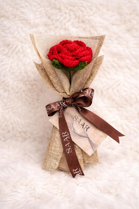 Handmade Crochet Red Rose with Burlap Wrap, Artisan Crafted Gift Decoration - image 2