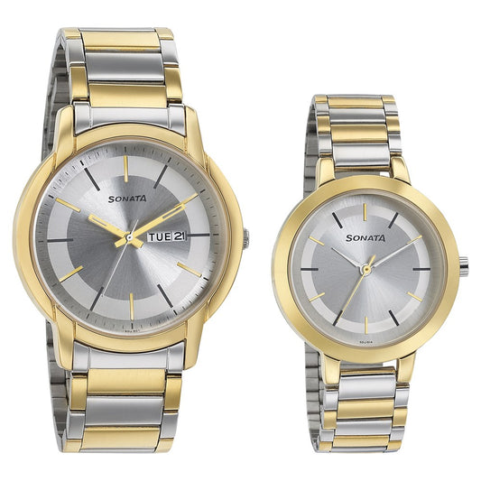 Sonata Quartz Analog Silver Dial Metal Strap Watch for Couple Style NT770318141BM01 image 1