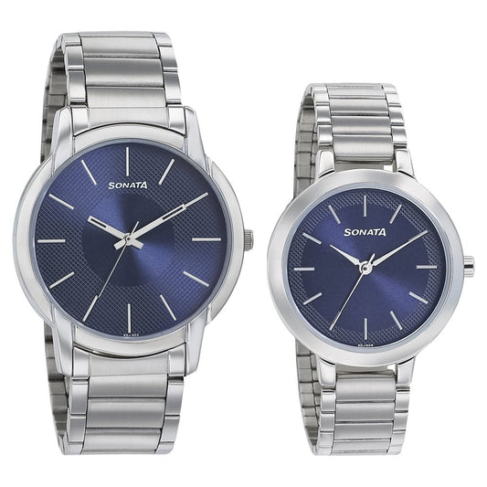 Sonata Quartz Analog Blue Dial Metal Strap Watch for Couple image 1