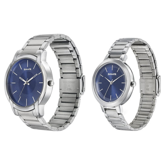 Sonata Quartz Analog Blue Dial Metal Strap Watch for Couple image 2