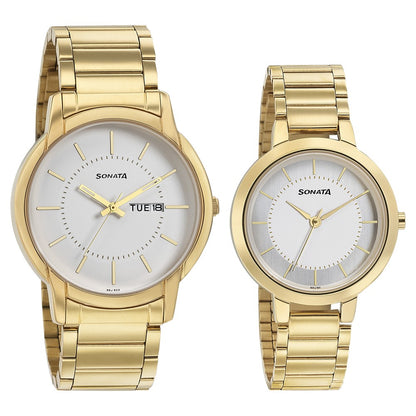 Sonata Quartz Analog White Dial Metal Strap Watch for Couple image 1