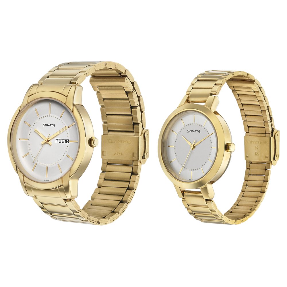 Sonata Quartz Analog White Dial Metal Strap Watch for Couple image 2