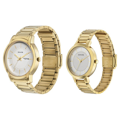Sonata Quartz Analog White Dial Metal Strap Watch for Couple image 2