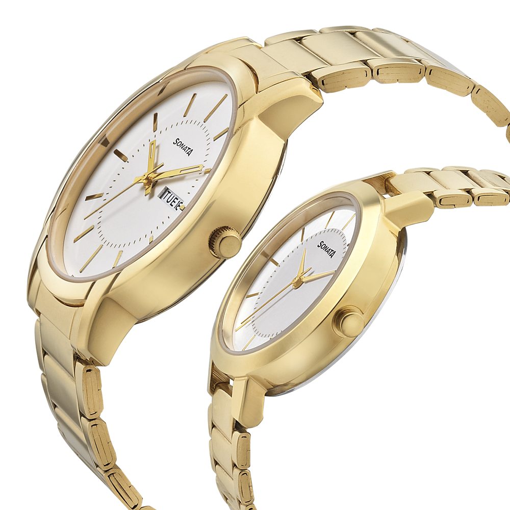 Sonata Quartz Analog White Dial Metal Strap Watch for Couple image 3