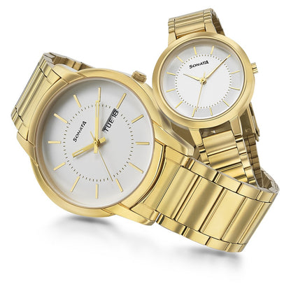 Sonata Quartz Analog White Dial Metal Strap Watch for Couple image 5