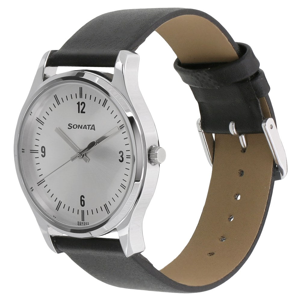 Sonata Quartz Analog Silver Dial Leather Strap Watch for Men image 2