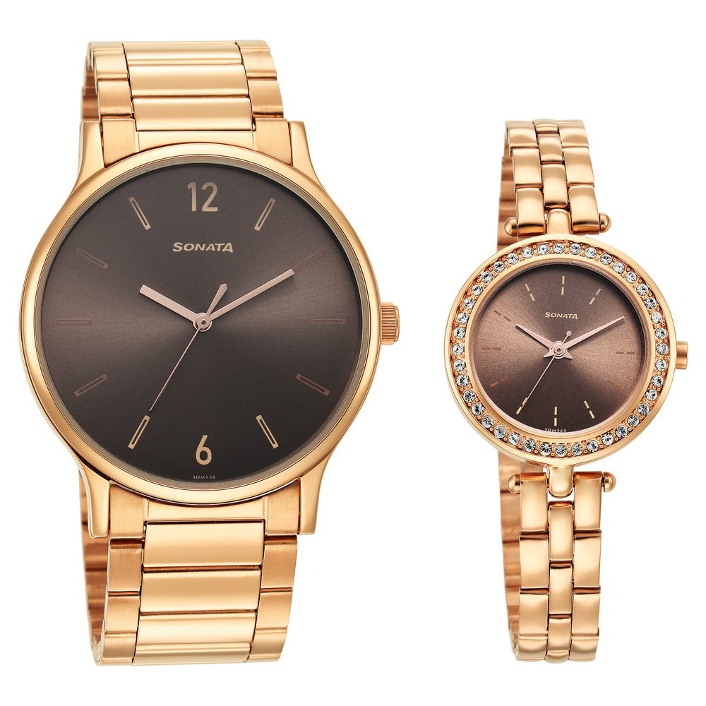 Sonata Quartz Analog Brown Dial Stainless Steel Strap Watch for Couple image 1