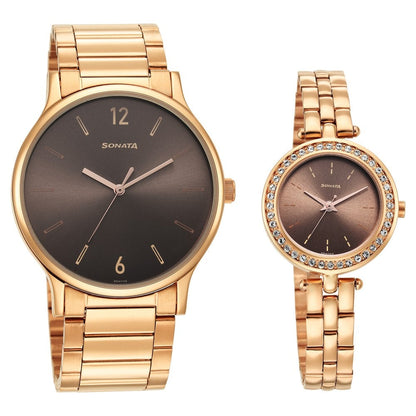 Sonata Quartz Analog Brown Dial Stainless Steel Strap Watch for Couple image 1
