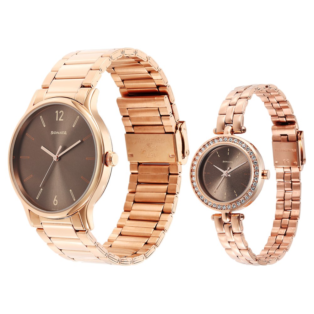 Sonata Quartz Analog Brown Dial Stainless Steel Strap Watch for Couple image 2