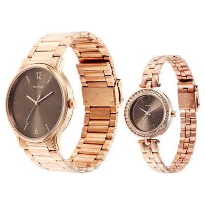 Sonata Quartz Analog Brown Dial Stainless Steel Strap Watch for Couple image 2