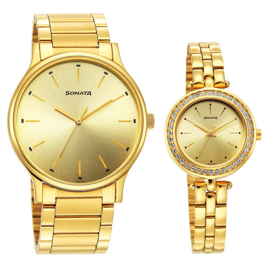 Sonata Quartz Analog Champagne Dial Stainless Steel Strap Watch for Couple image 1