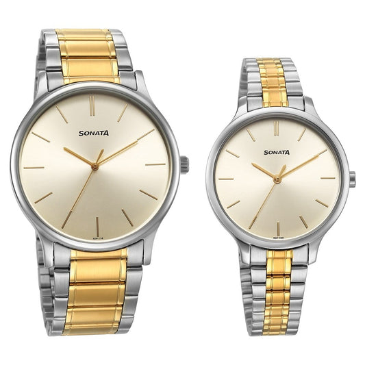 Sonata Pair Quartz Analog Champagne Dial Stainless Steel Strap Watch for Couple Style NU7710587050BM01 image 1
