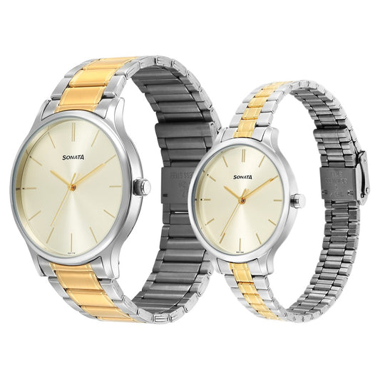 Sonata Pair Quartz Analog Champagne Dial Stainless Steel Strap Watch for Couple Style NU7710587050BM01 image 2