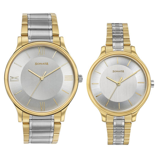 Sonata Modern Bandhan Quartz Analog Silver Dial Stainless Steel Strap Watch for Couple Style NU7710587050BM02 image 1