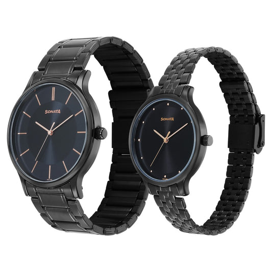 Sonata Pair Quartz Analog Black Dial Stainless Steel Strap Watch for Couple Style NU7710587050NM01 image 2