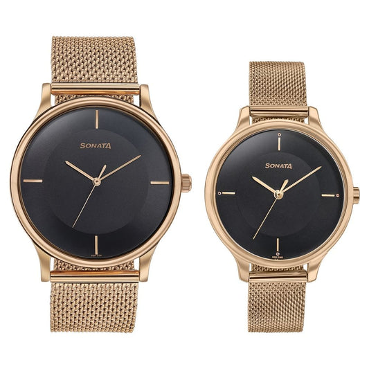 Sonata Modern Bandhan Quartz Analog Black Dial Rose Gold Stainless Steel Strap Watch For Couple image 1