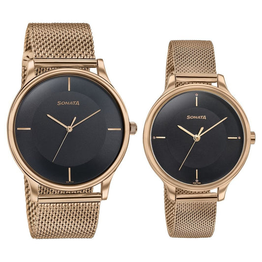 Sonata Modern Bandhan Quartz Analog Black Dial Rose Gold Stainless Steel Strap Watch For Couple image 2