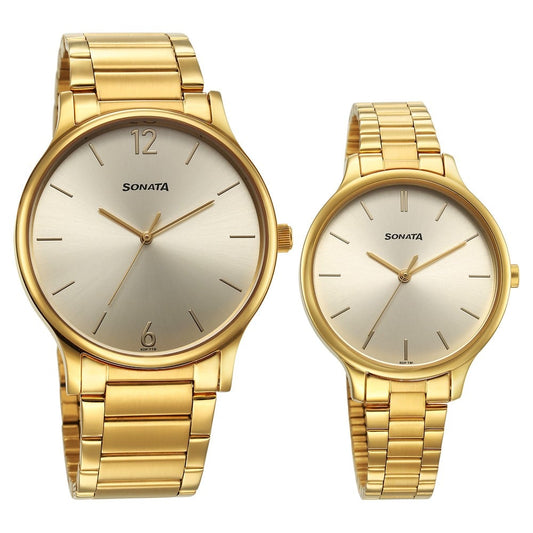 Sonata Pair Quartz Analog Champagne Dial Stainless Steel Strap Watch for Couple Style NU7710587050YM01 image 1