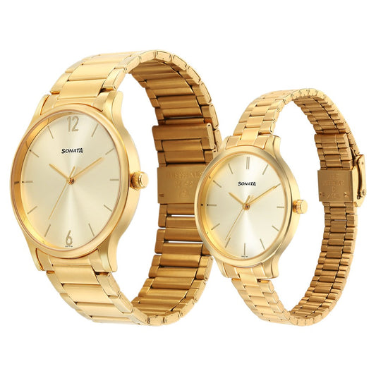 Sonata Pair Quartz Analog Champagne Dial Stainless Steel Strap Watch for Couple Style NU7710587050YM01 image 2